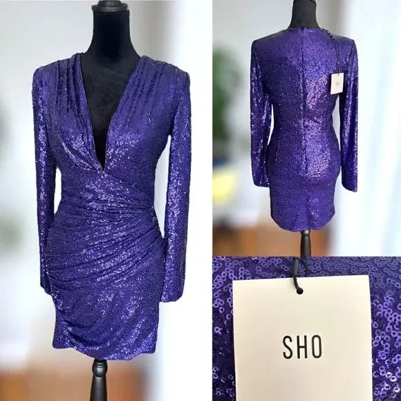 SHO BY TADASHI SHOJI Long Sleeve Sequin Cocktail Mini Dress Size XS - Picture 1 of 16